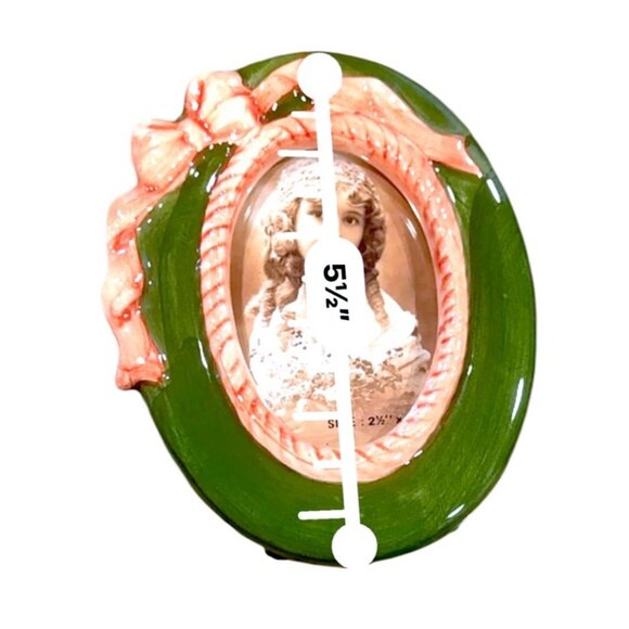 Vintage Set Of 2 Oval Ceramic Picture Frames With Green & Pink Bow Design - Picture 4 of 8